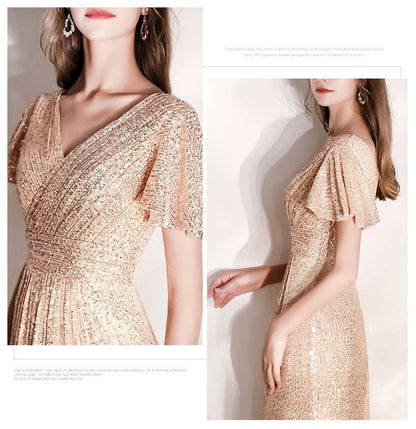 V-Neck Sequined A-Line Evening Gown