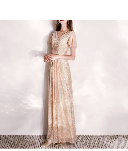 V-Neck Sequined A-Line Evening Gown