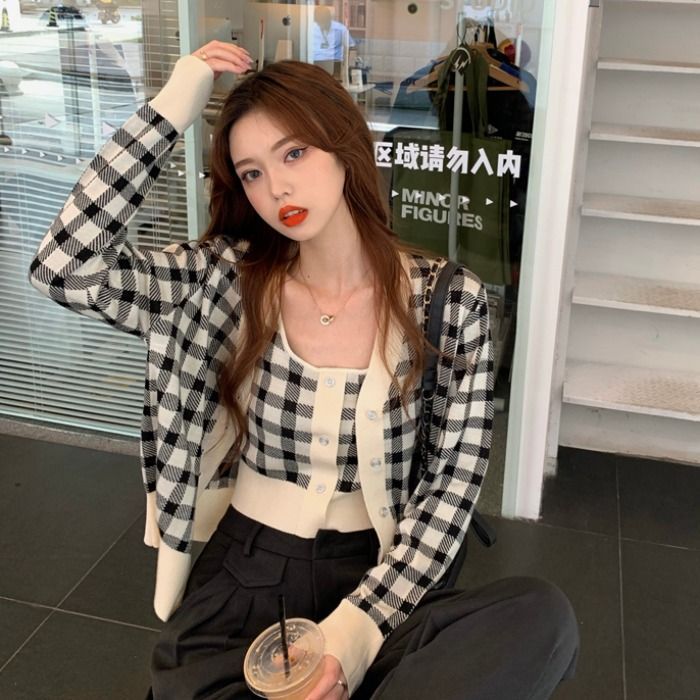 Plaid Camisole Top / Cardigan