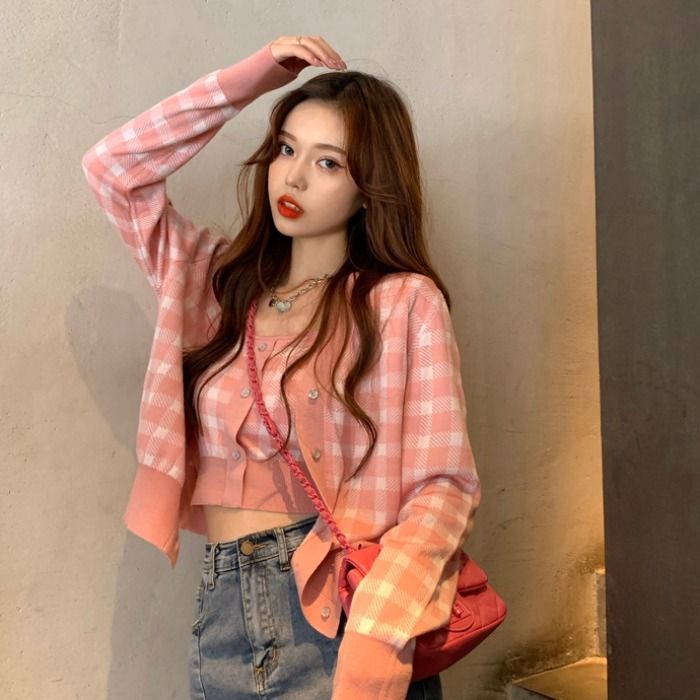 Plaid Camisole Top / Cardigan