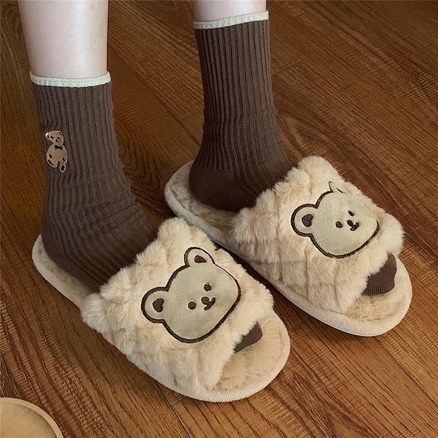 Bear Embroidered Fluffy Home Slippers