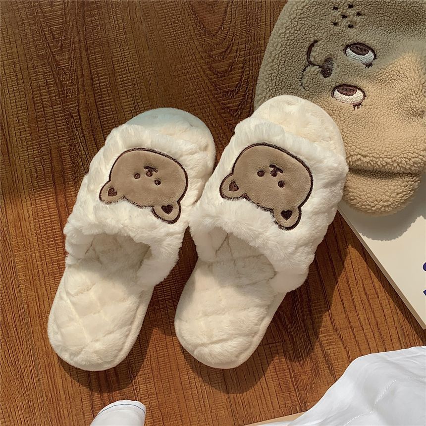 Bear Embroidered Fluffy Home Slippers