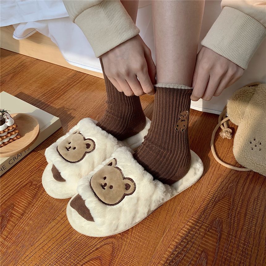 Bear Embroidered Fluffy Home Slippers