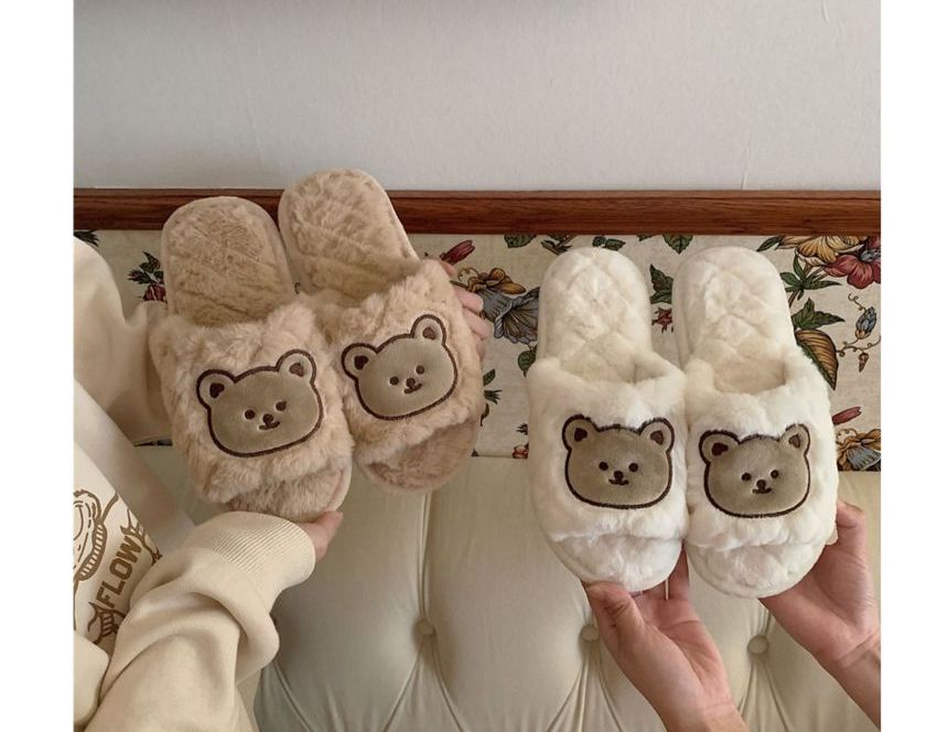 Bear Embroidered Fluffy Home Slippers