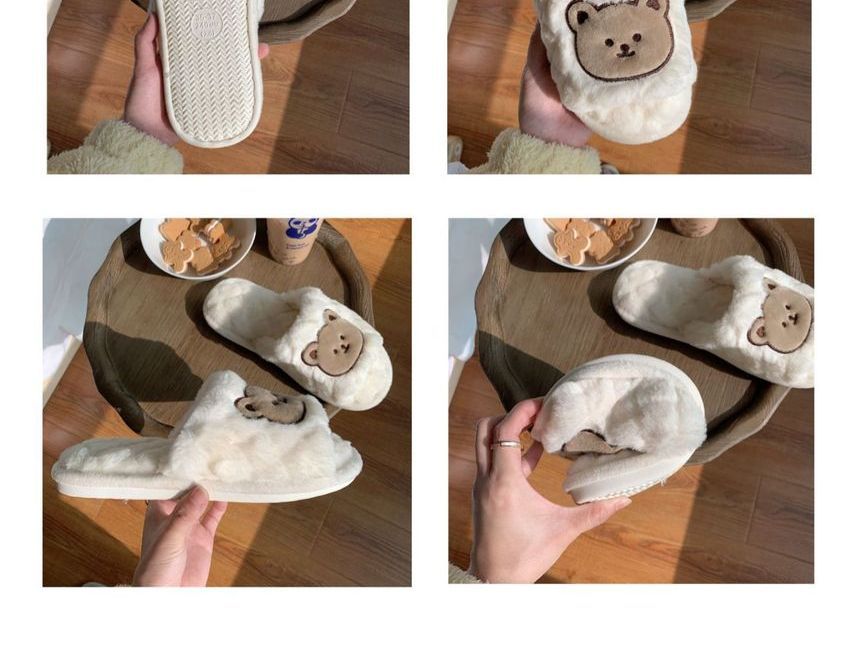 Bear Embroidered Fluffy Home Slippers