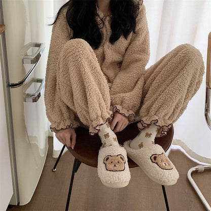 Bear Embroidered Fluffy Home Slippers