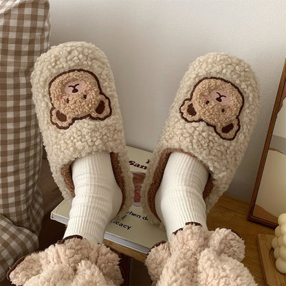 Bear Embroidered Fluffy Home Slippers