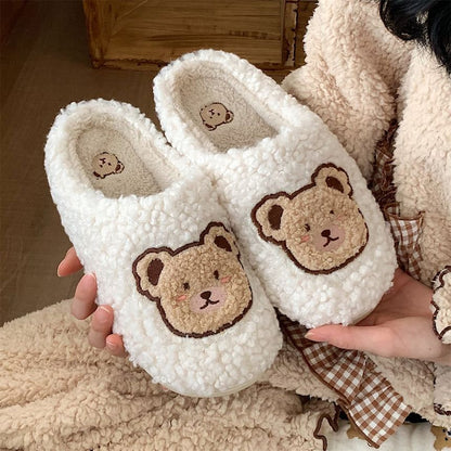 Bear Embroidered Fluffy Home Slippers