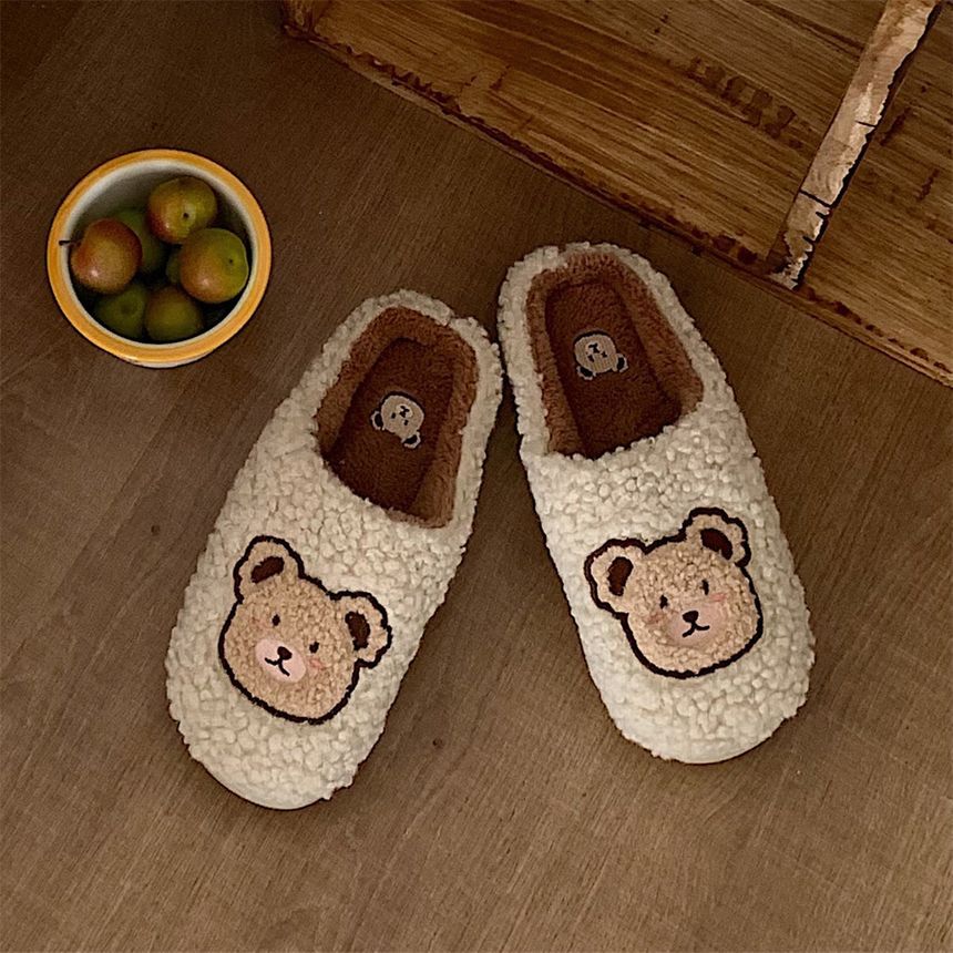 Bear Embroidered Fluffy Home Slippers