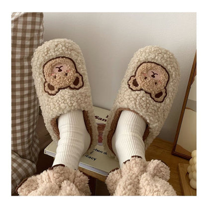 Bear Embroidered Fluffy Home Slippers