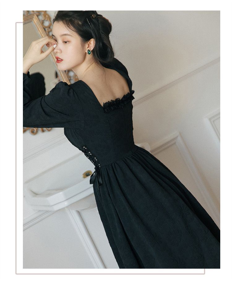 Long-Sleeve Lace Up Midi A-Line Dress