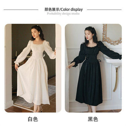 Long-Sleeve Lace Up Midi A-Line Dress