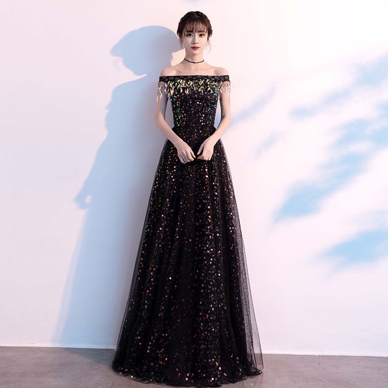 Off-Shoulder Mesh Evening Sequined Gown Panel