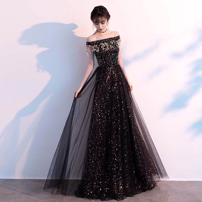 Off-Shoulder Mesh Evening Sequined Gown Panel