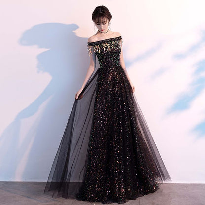 Off-Shoulder Mesh Evening Sequined Gown Panel