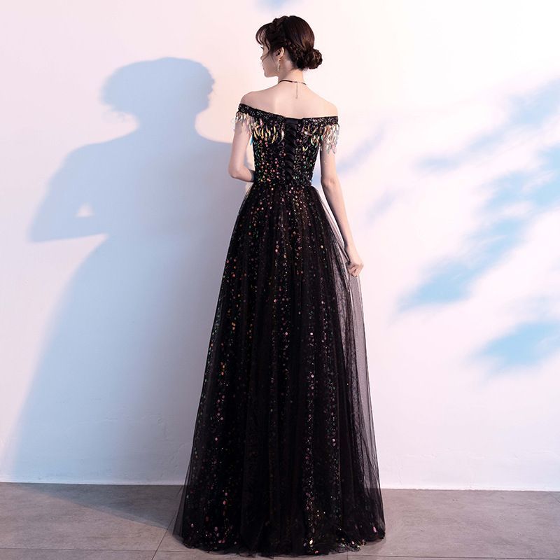 Off-Shoulder Mesh Evening Sequined Gown Panel