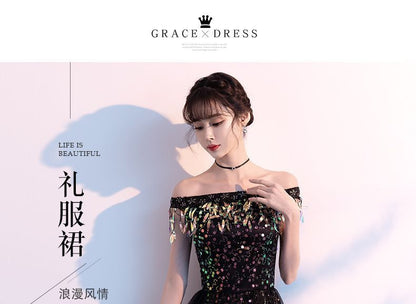 Off-Shoulder Mesh Evening Sequined Gown Panel