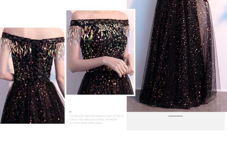 Off-Shoulder Mesh Evening Sequined Gown Panel