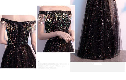 Off-Shoulder Mesh Evening Sequined Gown Panel