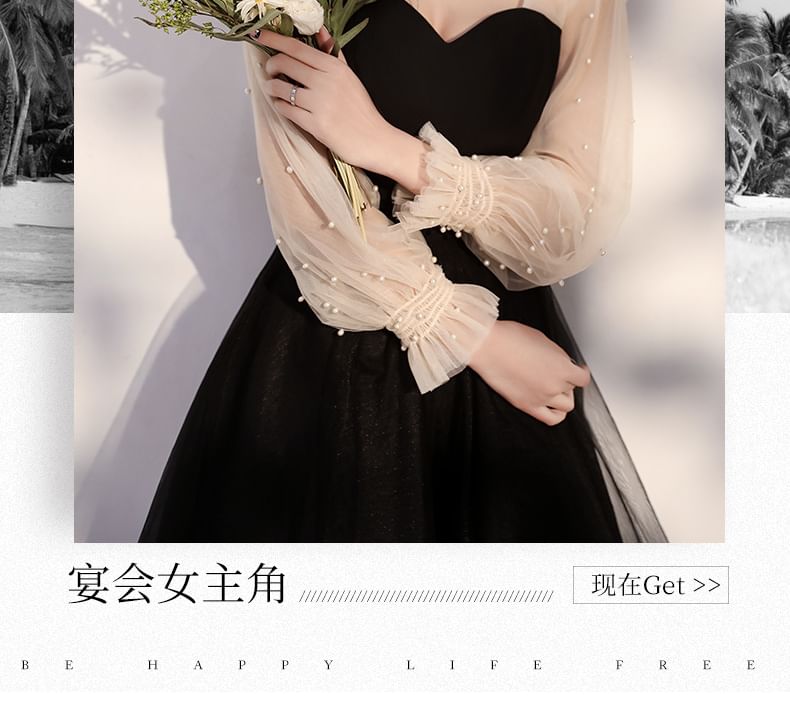 Long-Sleeve Two-Tone Mesh A-Line Evening Dress