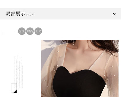 Long-Sleeve Two-Tone Mesh A-Line Evening Dress