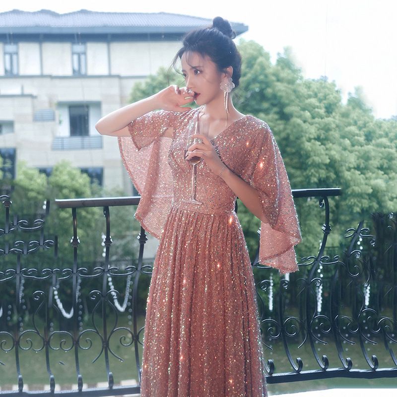 Gown Evening Sequined A-Line Elbow-Sleeve