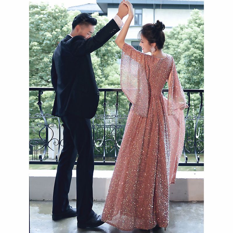 Gown Evening Sequined A-Line Elbow-Sleeve