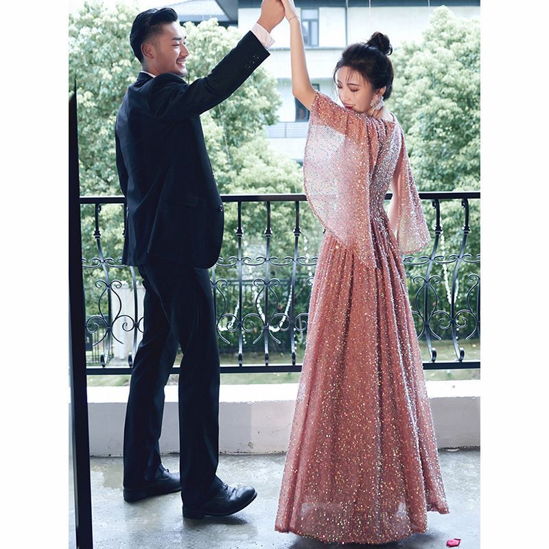 Elbow-Sleeve Sequined A-Line Evening Gown