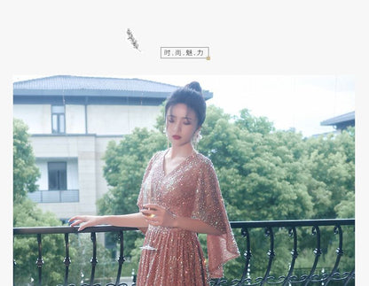 Gown Evening Sequined A-Line Elbow-Sleeve