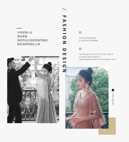 Gown Evening Sequined A-Line Elbow-Sleeve