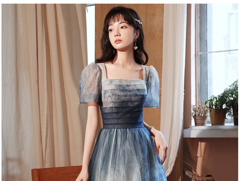 A-Line Gown Mesh Evening Tie-Dye Puff-Sleeve