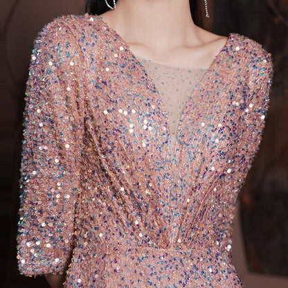 Gown Sequined 3/4-Sleeve A-Line Evening