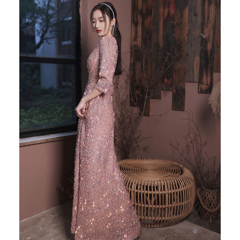 Gown Sequined 3/4-Sleeve A-Line Evening