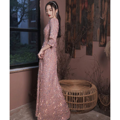 Gown Sequined 3/4-Sleeve A-Line Evening