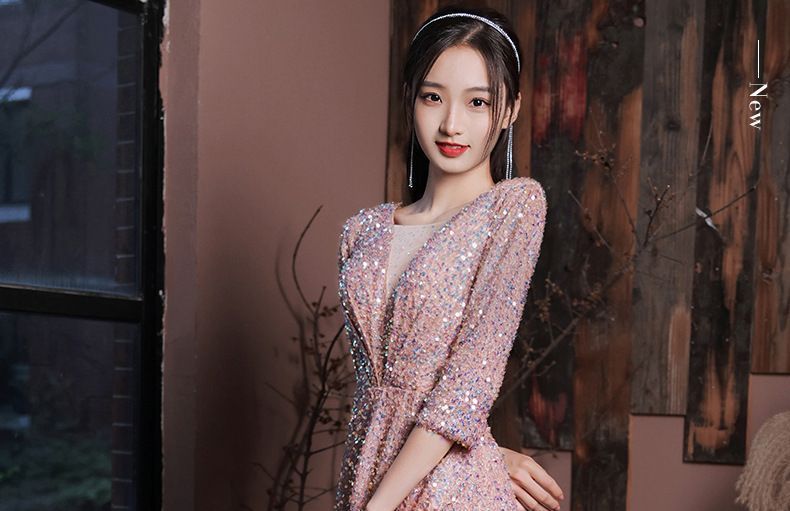 Gown Sequined 3/4-Sleeve A-Line Evening