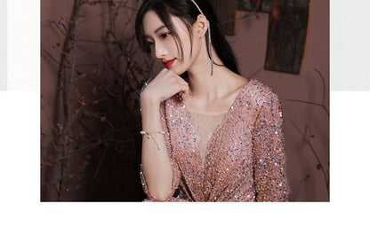 Gown Sequined 3/4-Sleeve A-Line Evening