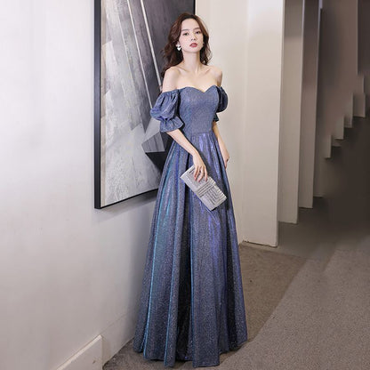 Gown A-Line Evening Short-Sleeve Glitter