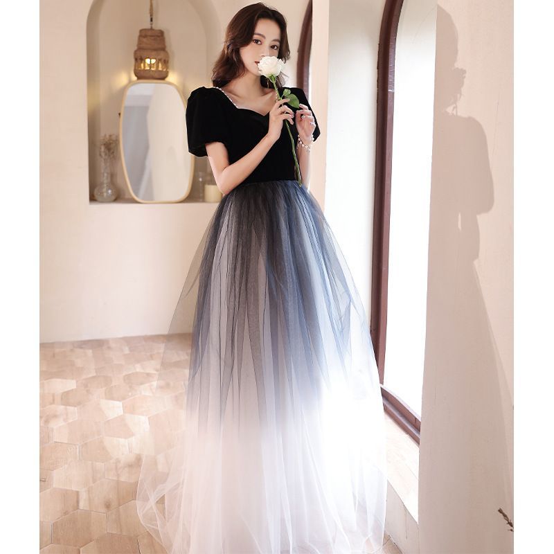 Puff-Sleeve A-Line Evening Ombre Gown Mesh