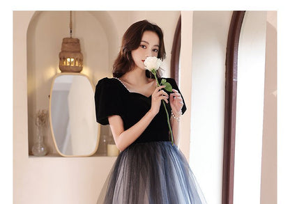 Puff-Sleeve A-Line Evening Ombre Gown Mesh