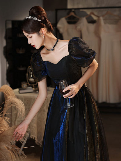 Puff-Sleeve Gown Evening A-Line Tie-Waist
