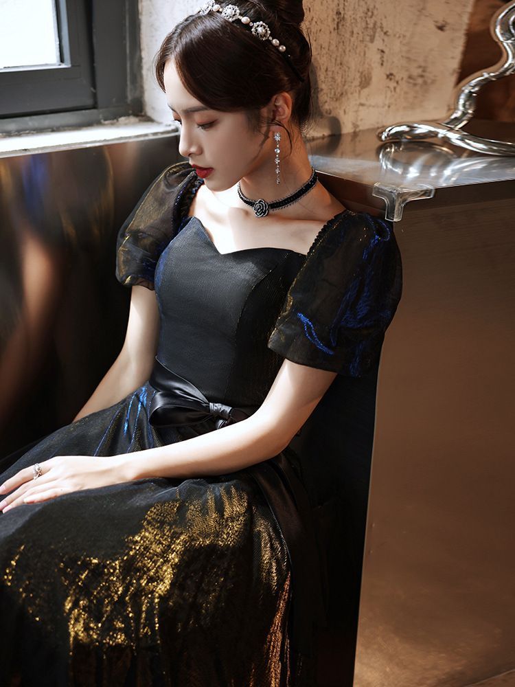 Puff-Sleeve Gown Evening A-Line Tie-Waist