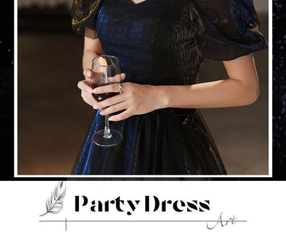 Puff-Sleeve Gown Evening A-Line Tie-Waist