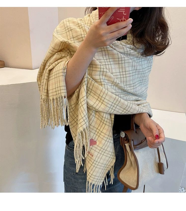 Plaid Heart Embroidered Scarf