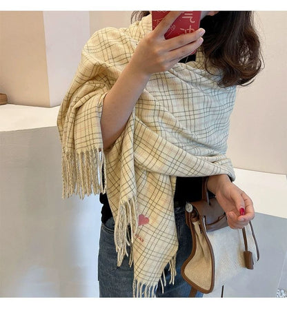 Plaid Heart Embroidered Scarf