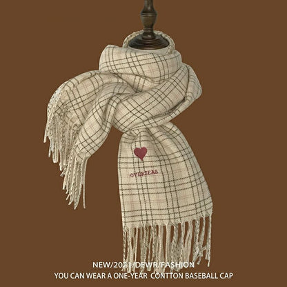 Plaid Heart Embroidered Scarf