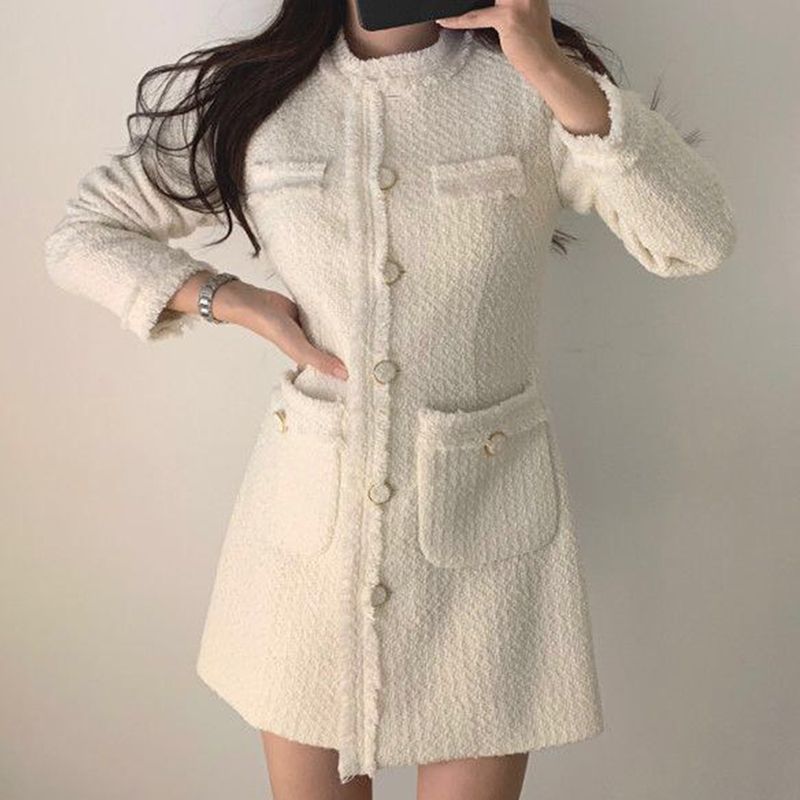 Long-Sleeve Fray Hem Mini A-Line Tweed Dress