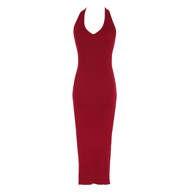 V-Neck Sleeveless Slim-Fit Dress Plain Halter