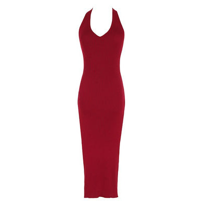 V-Neck Sleeveless Slim-Fit Dress Plain Halter
