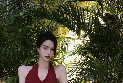 V-Neck Sleeveless Slim-Fit Dress Plain Halter