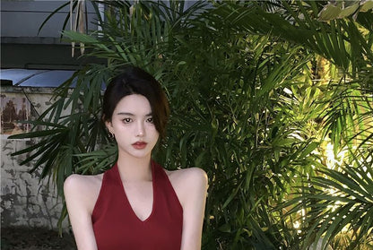 V-Neck Sleeveless Slim-Fit Dress Plain Halter